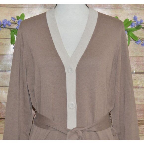 Cabi Ladies Brown Button Up Long Sleeve Midi Sweater Cardigan Shift Dress Size L - Picture 2 of 9